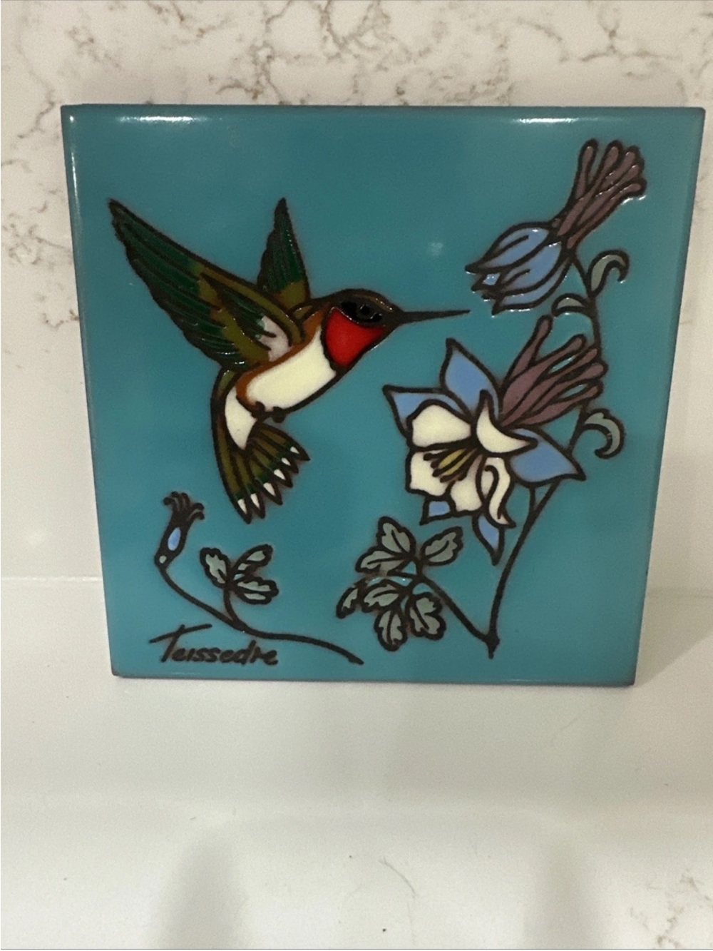 Teissedre Hummingbird Floral Tile Art - Turquoise, Green, Red